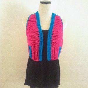 Hand Crochet Hot Pink Fuschia & Turquoise Cropped Vest